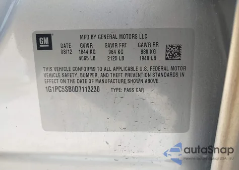 2013 Chevrolet Cruze 1Lt Auto z USA, uszkodzony, nr VIN 1G1PC5SB0D7113230